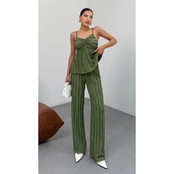 Kadın Haki Dokulu Askılı Üst Ve Bol Paça Pantolon 2’li Takım