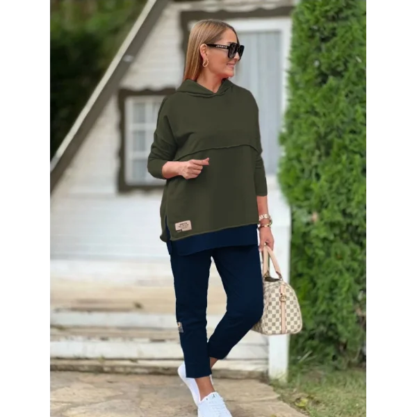 Kadın Haki Kapşonlu Etek Ucu Detay Arma Ters Dikiş Gorunumlu Ikili Takım