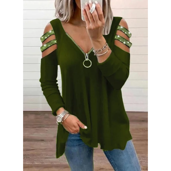 Kadın Haki Kolları Taş Işlemeli Uzun Kol Fermuarlı Viskon Bluz