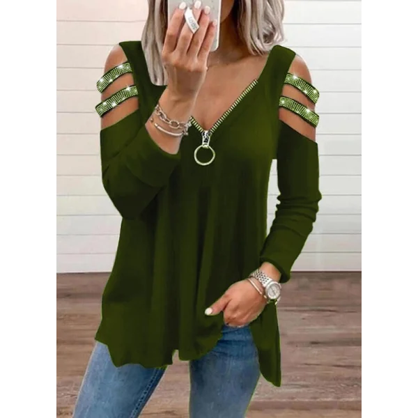 Kadın Haki Kolları Taş Işlemeli Uzun Kol Fermuarlı Viskon Bluz