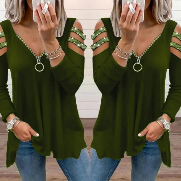 Kadın Haki Kolları Taş Işlemeli Uzun Kol Fermuarlı Viskon Bluz