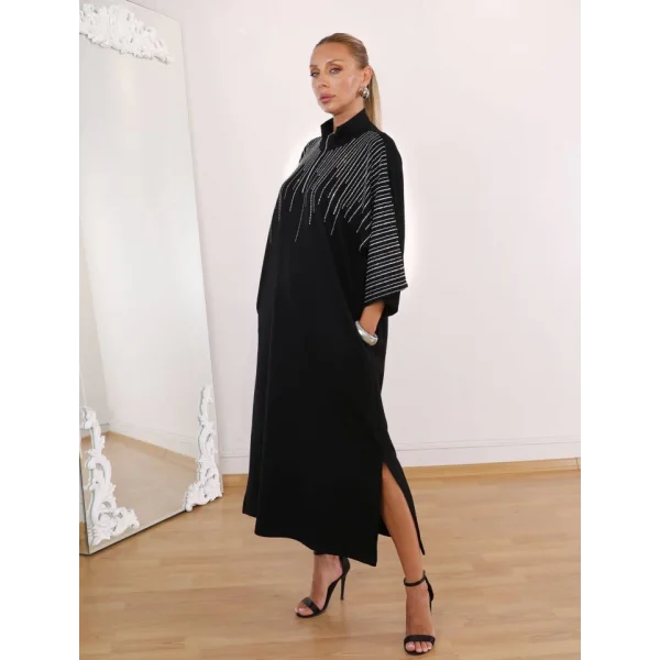 Kadın Hakim Yaka Fakir Kol Taş Detay Maxi Boy Salaş Elbise