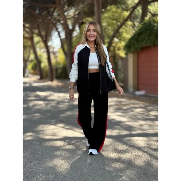 Kadın Hakim Yaka şerit Detay Hırka Ve Bol Paça Pantolon Ikili Takım