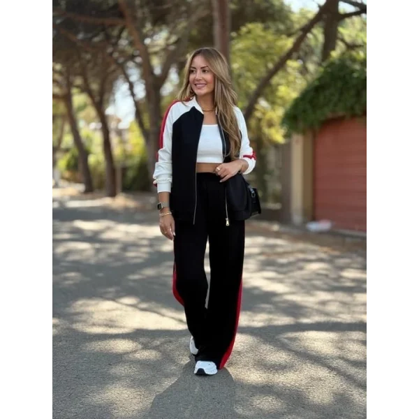 Kadın Hakim Yaka şerit Detay Hırka Ve Bol Paça Pantolon Ikili Takım