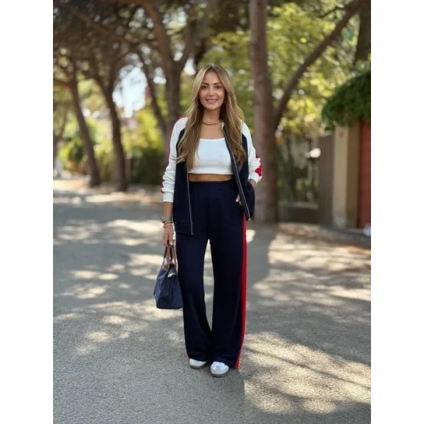 Kadın Hakim Yaka şerit Detay Hırka Ve Bol Paça Pantolon Ikili Takım