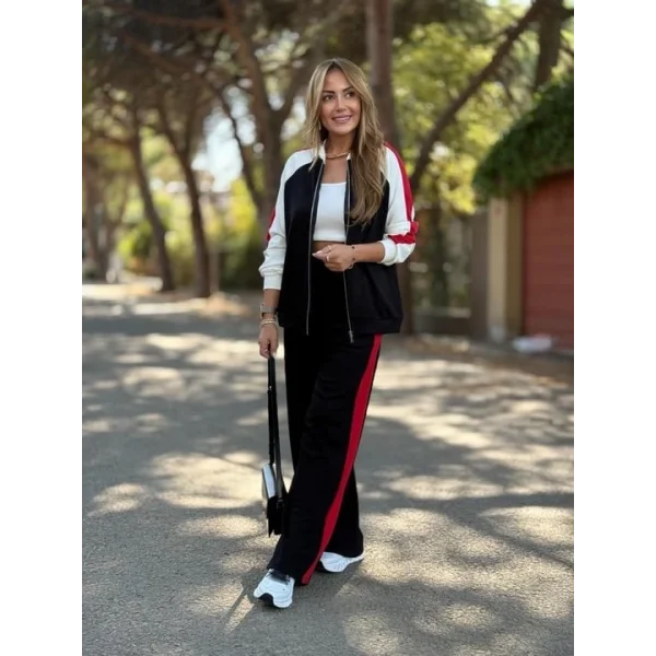 Kadın Hakim Yaka şerit Detay Hırka Ve Bol Paça Pantolon Ikili Takım