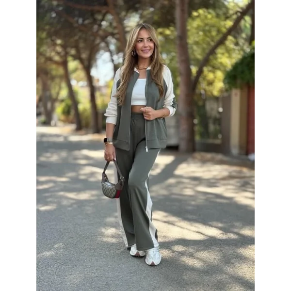 Kadın Hakim Yaka şerit Detay Hırka Ve Bol Paça Pantolon Ikili Takım