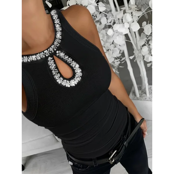 Kadın Halter Kollu Yuvarlak Taşlı Yaka Damla Detaylı Kaşkorse Bluz