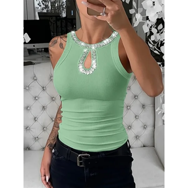 Kadın Halter Kollu Yuvarlak Taşlı Yaka Damla Detaylı Kaşkorse Bluz