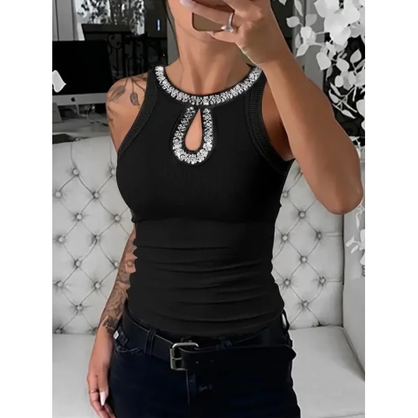 Kadın Halter Kollu Yuvarlak Taşlı Yaka Damla Detaylı Kaşkorse Bluz