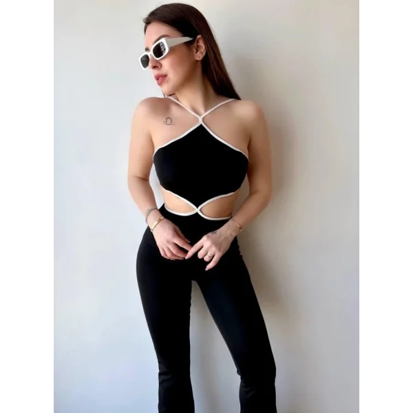 Kadın Halter Yaka Bel Dokolteli Tulum