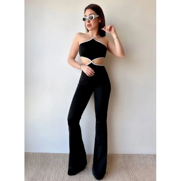 Kadın Halter Yaka Bel Dokolteli Tulum