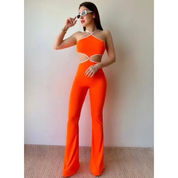 Kadın Halter Yaka Bel Dokolteli Tulum