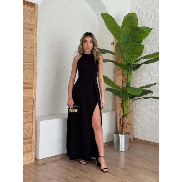 Kadın Halter Yaka Derin Yırtmaç Detaylı Tam Boy Ithal Krep Abiye Elbise