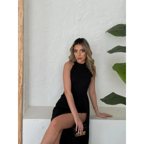 Kadın Halter Yaka Derin Yırtmaç Detaylı Tam Boy Ithal Krep Abiye Elbise