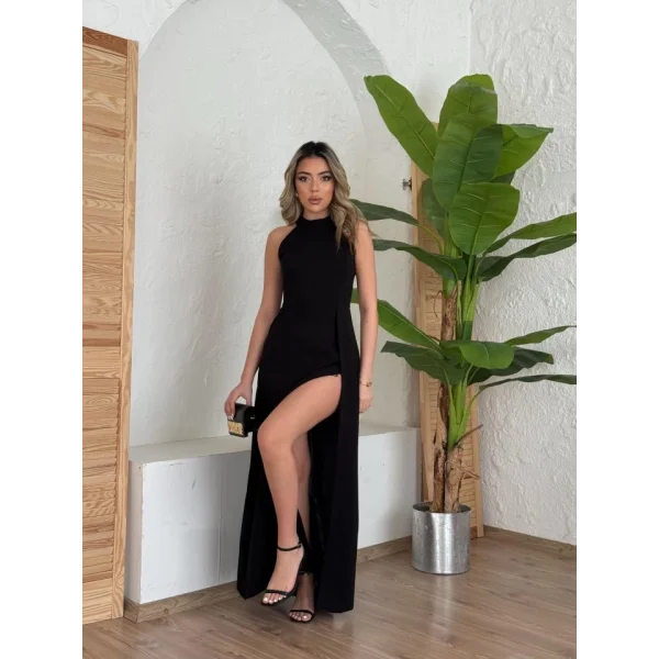 Kadın Halter Yaka Derin Yırtmaç Detaylı Tam Boy Ithal Krep Abiye Elbise