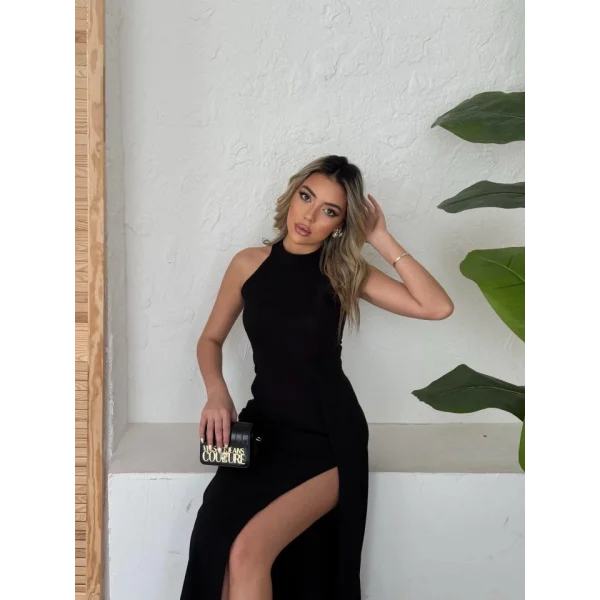 Kadın Halter Yaka Derin Yırtmaç Detaylı Tam Boy Ithal Krep Abiye Elbise