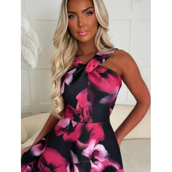 Kadın Halter Yaka Detay Ciçek Baskılı Midi Boy Elbise