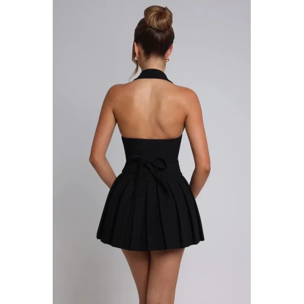 Kadın Halter Yaka Detay ırt Dekolteli Yelek Ve Pileli ini Etek Ikili Takım