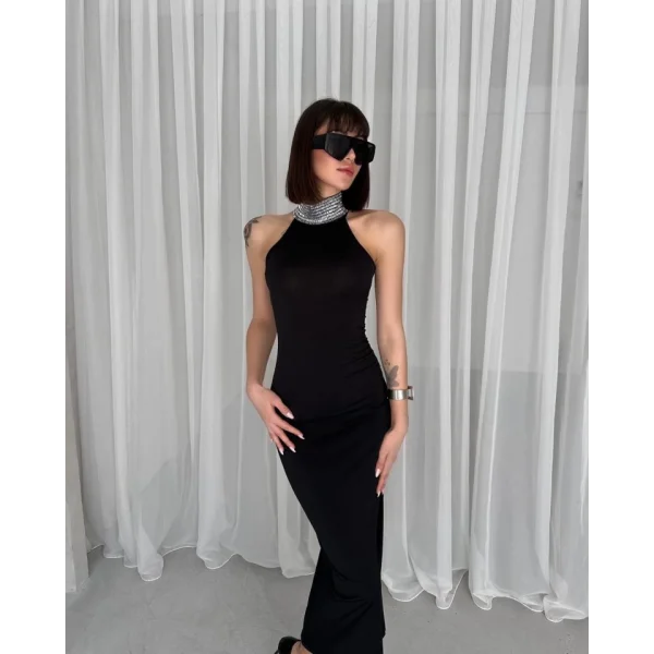 Kadın Halter Yaka Detay Kolsuz Maxi Boy Kalem Elbise