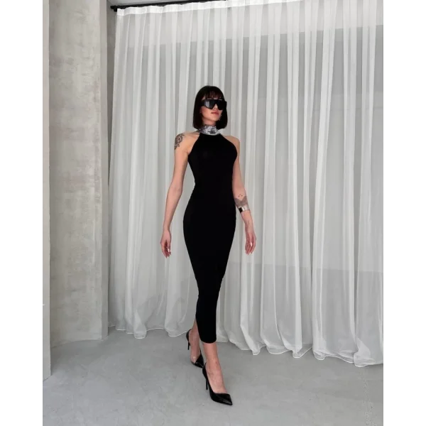 Kadın Halter Yaka Detay Kolsuz Maxi Boy Kalem Elbise