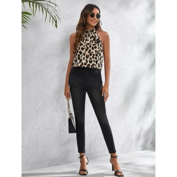 Kadın Halter Yaka Dijital Baskılı Mikro Kumaş Bluz