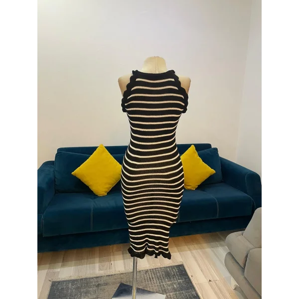 Kadın Halter Yaka Kolsuz çizgi Desenli Triko Elbise