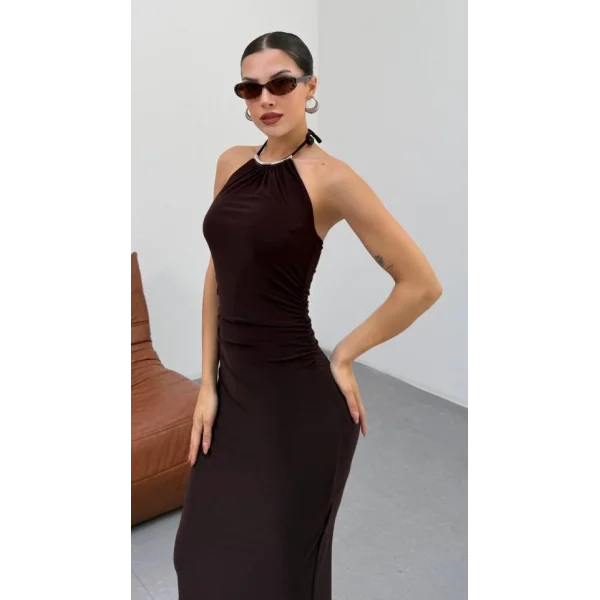 Kadın Halter Yaka Sırt Dekolteli Sandy Kumaş Maxi Boy Elbise