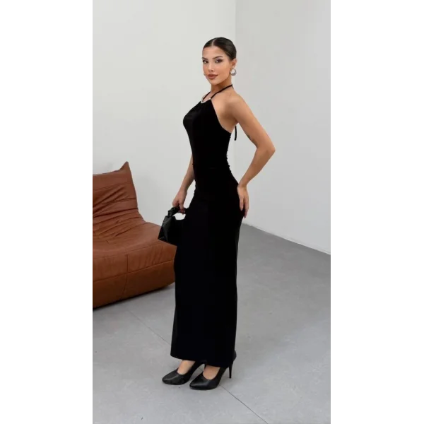 Kadın Halter Yaka Sırt Dekolteli Sandy Kumaş Maxi Boy Elbise