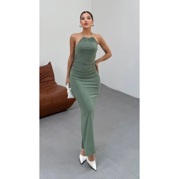 Kadın Halter Yaka Sırt Dekolteli Sandy Kumaş Maxi Boy Elbise