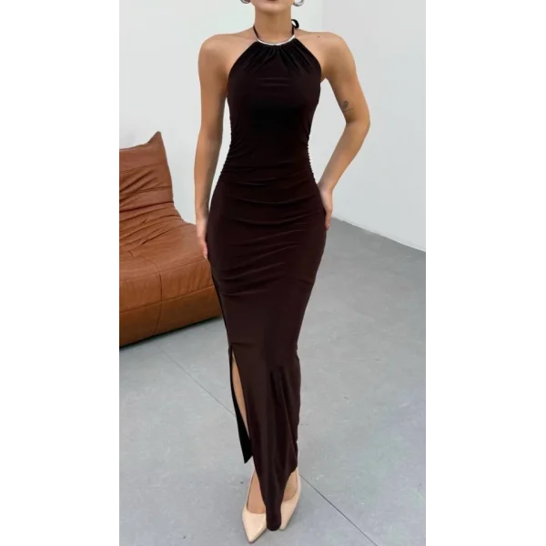 Kadın Halter Yaka Sırt Dekolteli Sandy Kumaş Maxi Boy Elbise