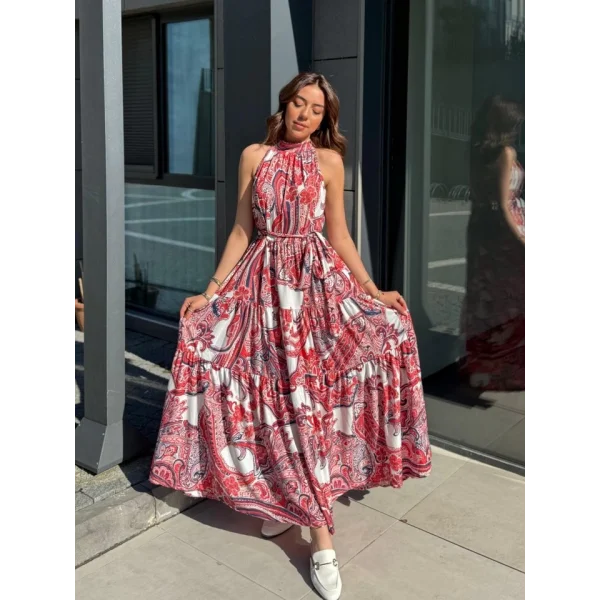 Kadın Halter Yakalı Omuzlardan Açık Kuşaklı Maksi Boy Desenli Süprem Elbise