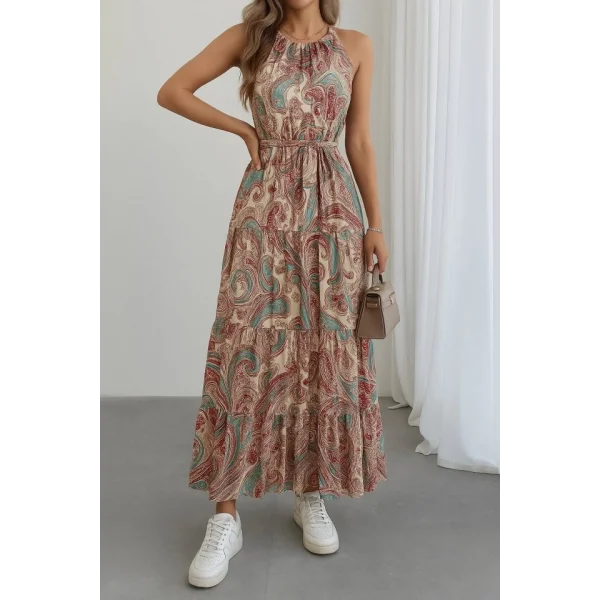 Kadın Halter Yakalı Omuzlardan Açık Kuşaklı Maksi Boy Desenli Süprem Elbise