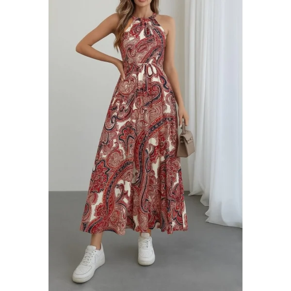 Kadın Halter Yakalı Omuzlardan Açık Kuşaklı Maksi Boy Desenli Süprem Elbise