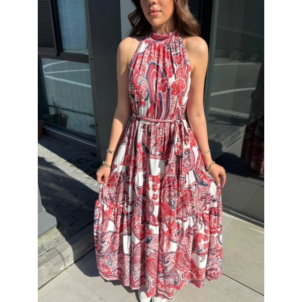 Kadın Halter Yakalı Omuzlardan Açık Kuşaklı Maksi Boy Desenli Süprem Elbise