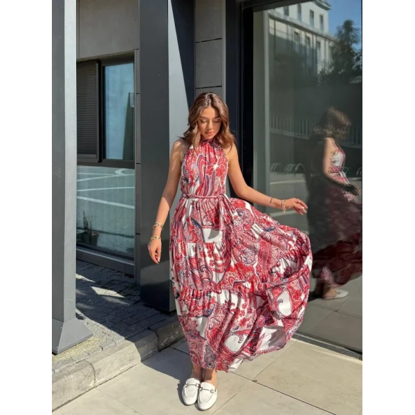 Kadın Halter Yakalı Omuzlardan Açık Kuşaklı Maksi Boy Desenli Süprem Elbise