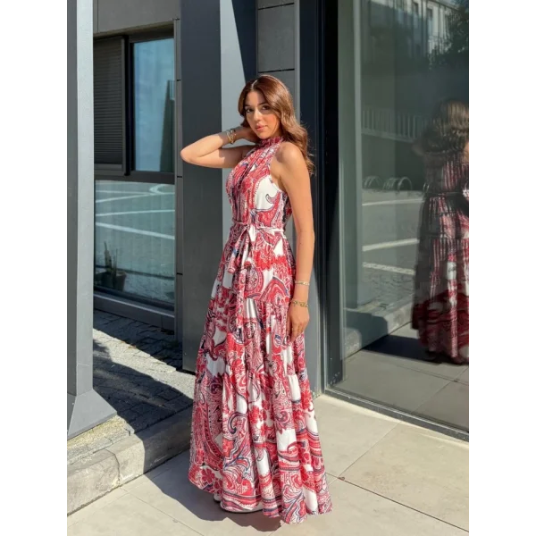 Kadın Halter Yakalı Omuzlardan Açık Kuşaklı Maksi Boy Desenli Süprem Elbise