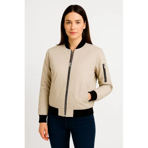 Kadın Bomber Mont Ceket – Fermuarlı, Kapitone İçi Astarlı, Su İtici Kumaş, Regular Fit, Yandan Cepli, Günlük Bahar & Kış Şık Rahat Stil - bej