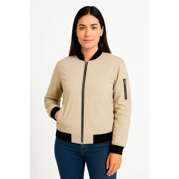 Kadın Bomber Mont Ceket – Fermuarlı, Kapitone İçi Astarlı, Su İtici Kumaş, Regular Fit, Yandan Cepli, Günlük Bahar & Kış Şık Rahat Stil - bej