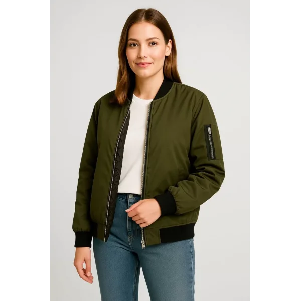 Kadın Bomber Mont Ceket – Fermuarlı, Kapitone İçi Astarlı, Su İtici Kumaş, Regular Fit, Yandan Cepli, Günlük Bahar & Kış Şık Rahat Stil - Haki