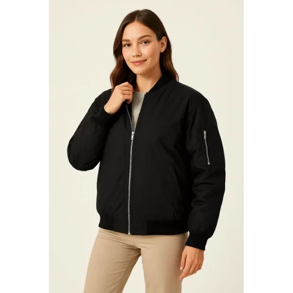 Kadın Bomber Mont Ceket – Fermuarlı, Kapitone İçi Astarlı, Su İtici Kumaş, Regular Fit, Yandan Cepli, Günlük Bahar & Kış Şık Rahat Stil - Siyah