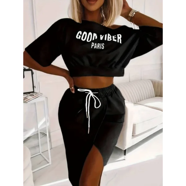 Kadın Iki Iplik Kumaş Alt Etek üst Baskı Detaylı Crop Ikili Takım