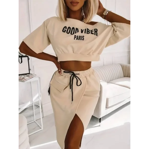 Kadın Iki Iplik Kumaş Alt Etek üst Baskı Detaylı Crop Ikili Takım