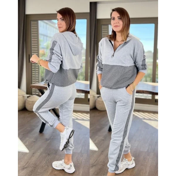 Kadın İki İplik Kumaş Fermuar Detay Kapüşonlu İkili Takım