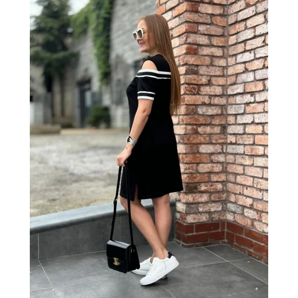 Kadın İki İplik Kumaş Kol Ve Yaka Ribana Şeritli Omuz Dekolteli iyah Elbise