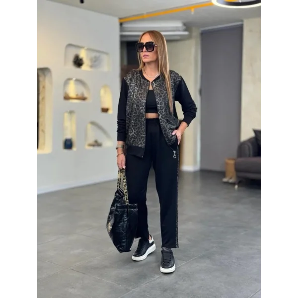 Kadın İki İplik Kumaş Yılan Desenli Fermuarlı İkili Takım