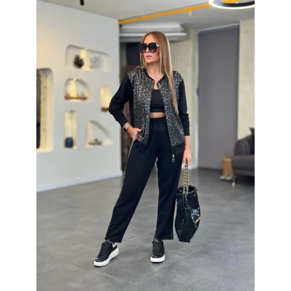 Kadın İki İplik Kumaş Yılan Desenli Fermuarlı İkili Takım