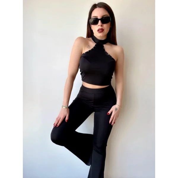 Kadın ikro Kumaş Taş Detaylı Bluz Ve Ispanyol Paça Pantolon Ikili Takım Fırsat Ürün