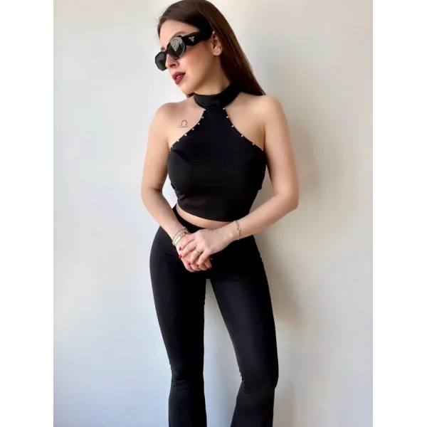 Kadın ikro Kumaş Taş Detaylı Bluz Ve Ispanyol Paça Pantolon Ikili Takım Fırsat Ürün