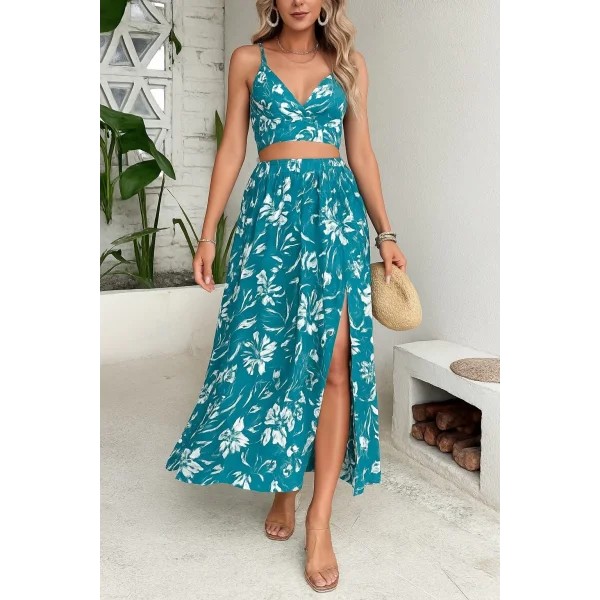 Kadın Ince Askılı çiçek Baskı Desenli Crop Yırtmaçlı Etek Ikili Süprem Takım